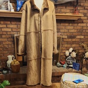 Centrigrade Faux Shearling Tan Brown Trench Coat Y2k Size XL Suede Look Duster